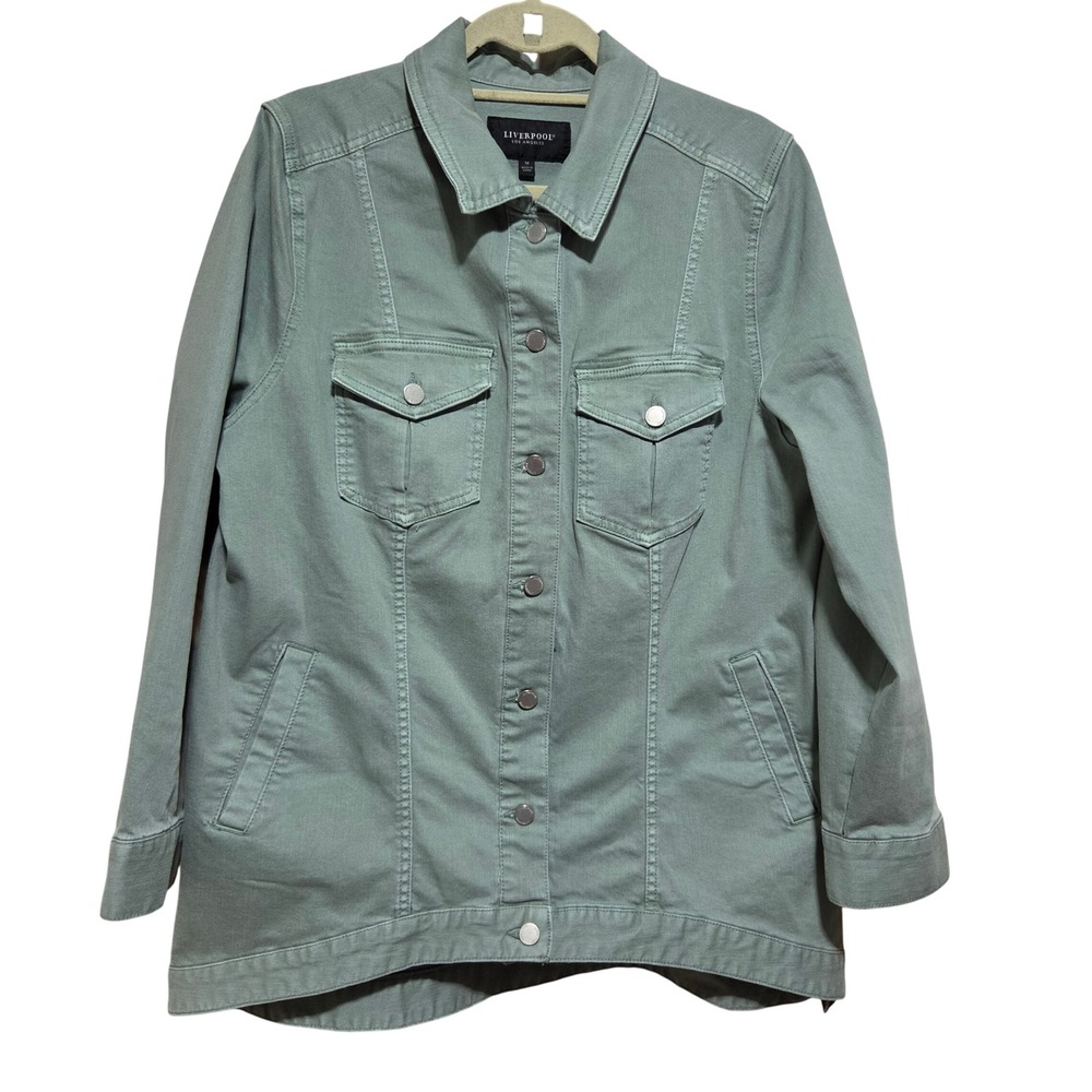 Liverpool Los Angeles Sage Green High Low Stretch Denim Jacket 1X